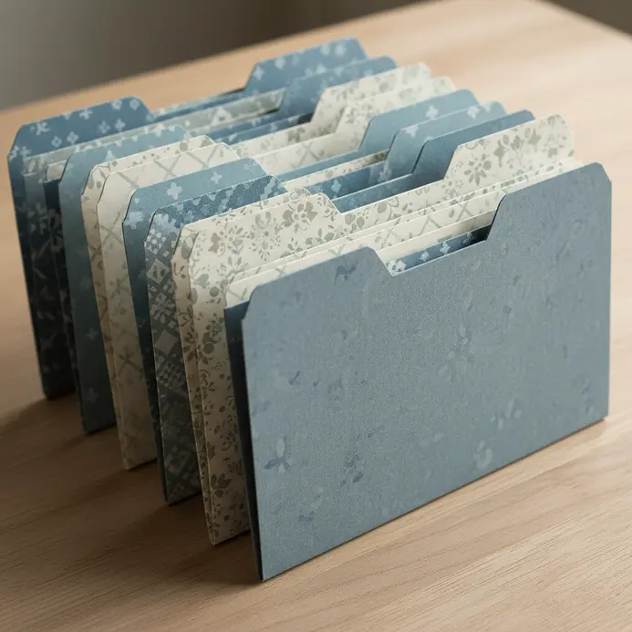 Small patterned cardstock file folders arranged in a row holding index cards and receipts.