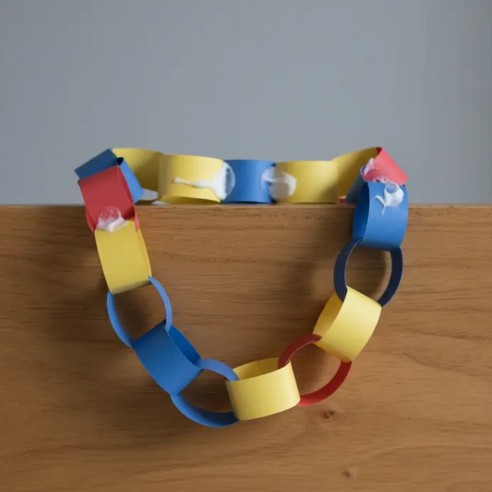 A colorful paper chain looped across a desk panel with handwritten monthly goals on each link.