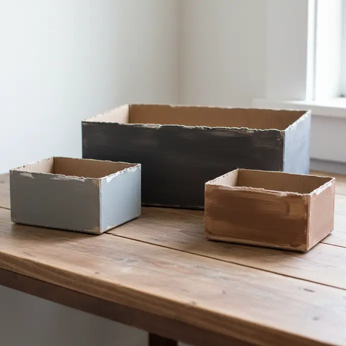 Three rectangular cardboard bins painted gray and filled with pens, markers, and binder clips.