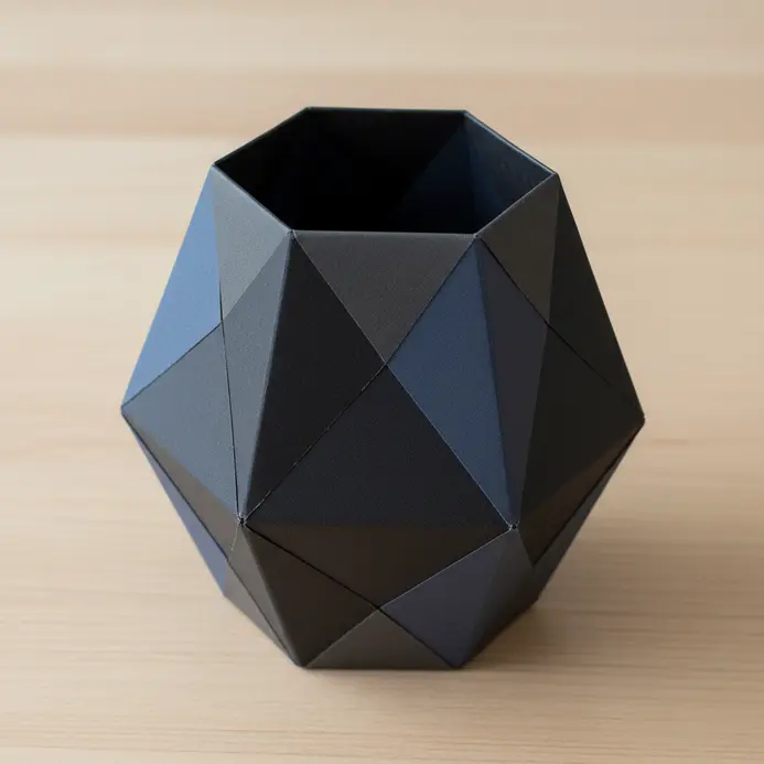 A faceted origami pen holder made from dark paper containing three pens on a clean desk.