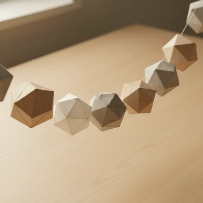 A string of folded gray and white geometric paper shapes suspended along a wall above a desk.