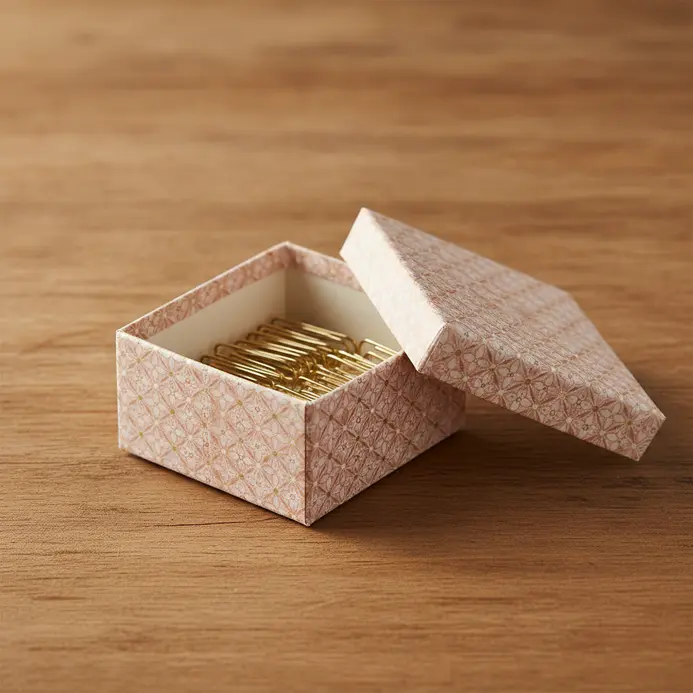 A patterned paper box with a lift lid revealing organized paper clips and push pins inside.