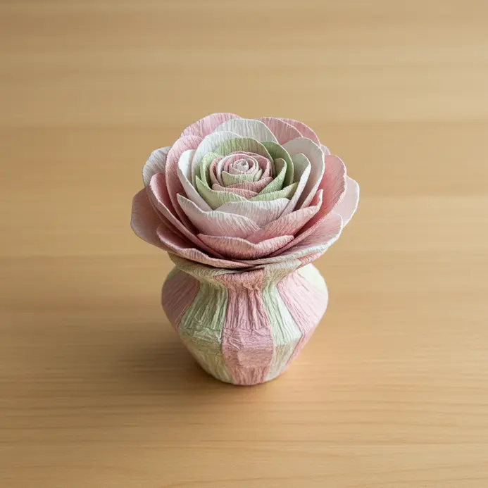 A dimensional pink paper flower with layered petals standing in a white paper vase on a desk.
