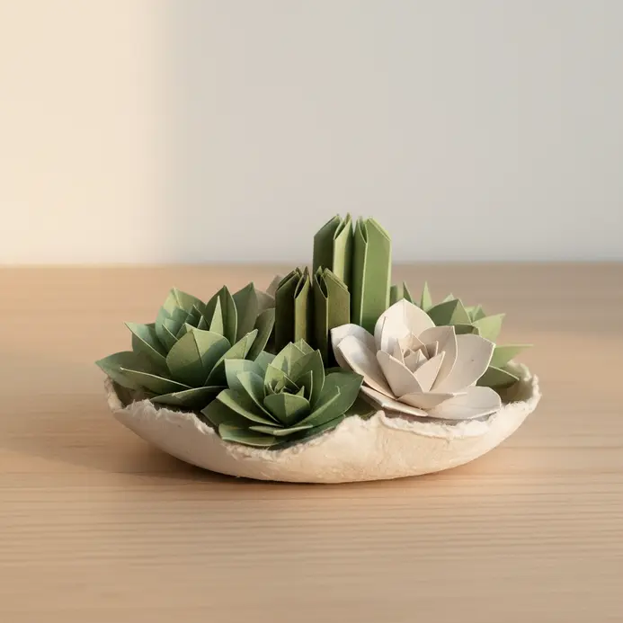 Folded green paper succulents planted in a shallow paper tray on a clean white desk surface.