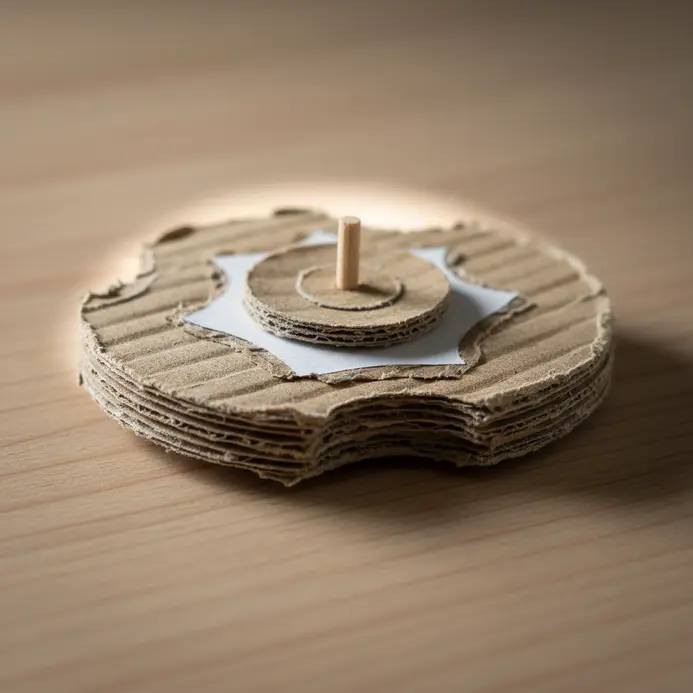 A handmade cardboard fidget spinner with a toothpick axle spinning on a smooth desk surface.