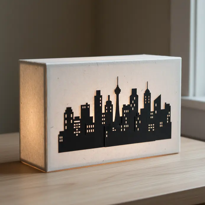 A paper lightbox with a black city skyline silhouette illuminated from behind on a desktop.