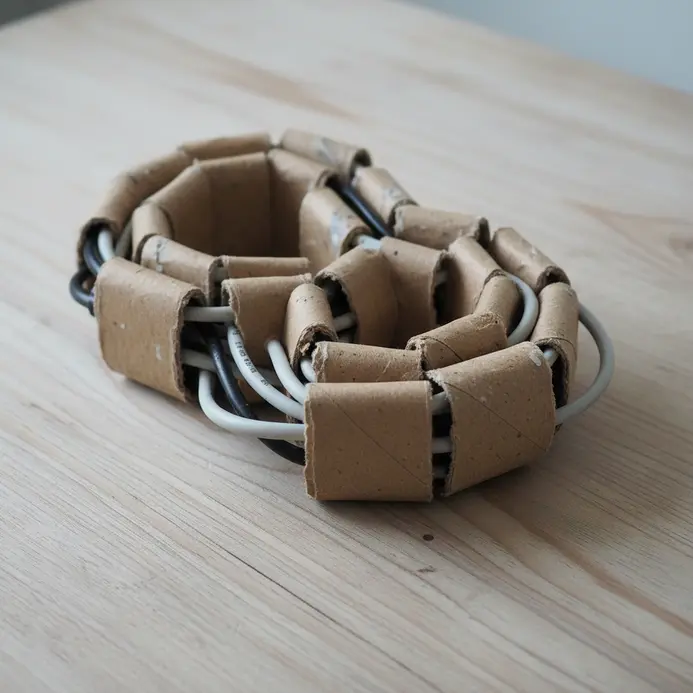 Brown cardboard tubes interlocked to route charging cables neatly across a wooden desk.