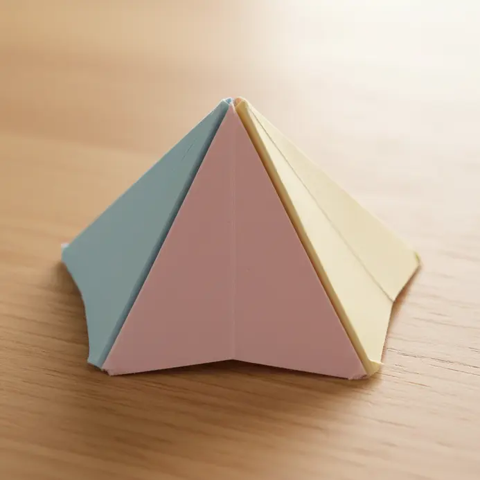 A colorful folded paper fortune teller resting open on a desk next to a keyboard and pen.