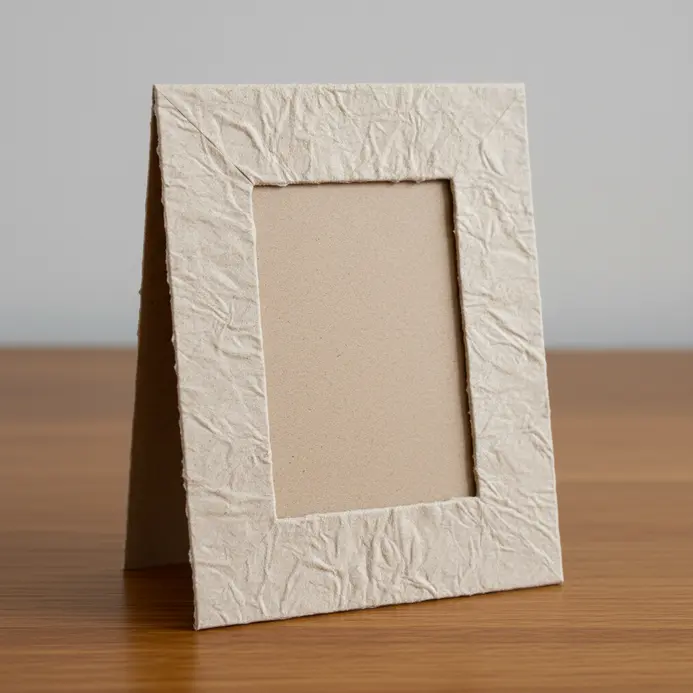 A standing photo frame made from textured beige cardstock displaying a small landscape print.