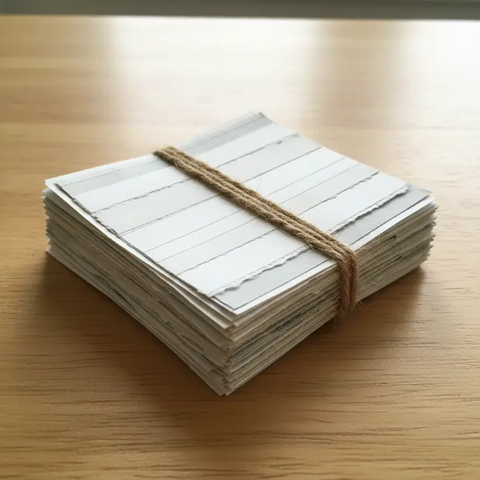 A small square notepad bound with twine sitting beside a monitor on an office desk.