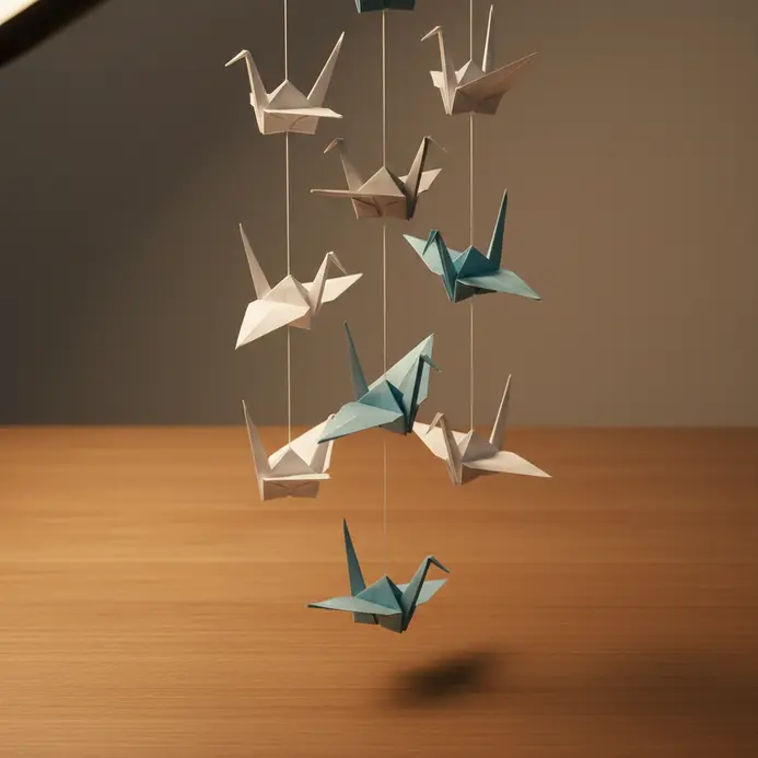Five folded white paper cranes suspended from a lightweight mobile frame over a desk surface.