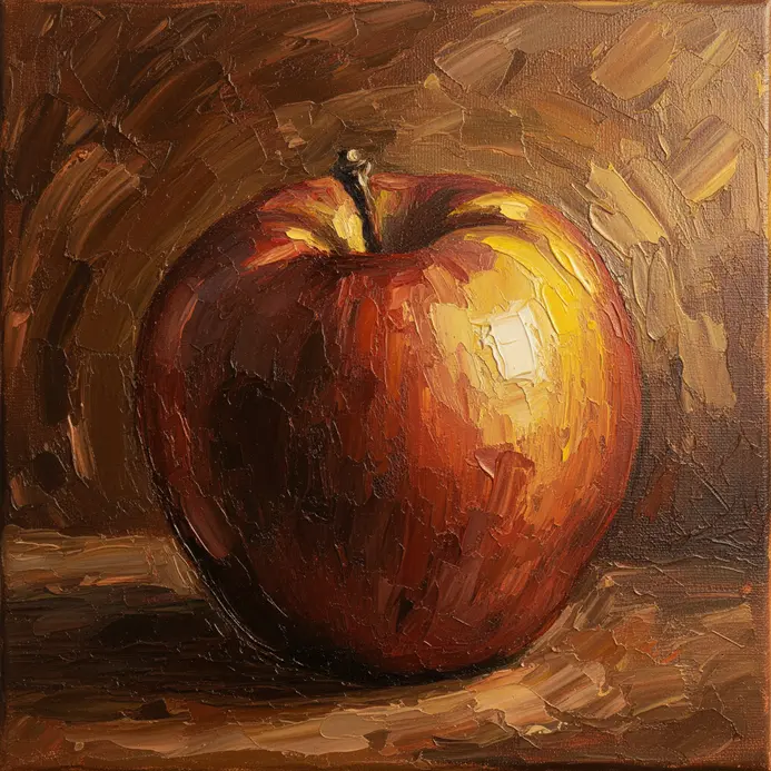 An apple painted on canvas appears consistent in color despite being depicted under yellow and blue light.