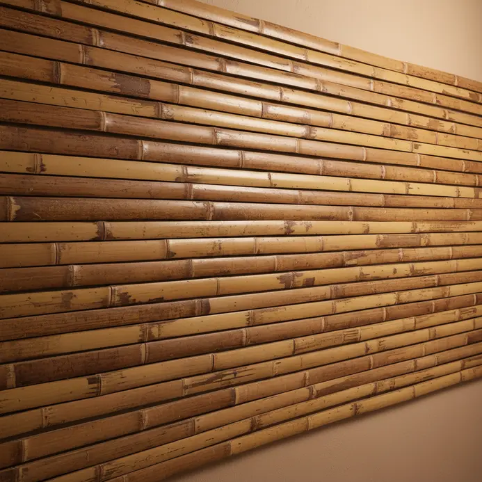 A textured accent wall made from halved bamboo poles arranged in a vertical pattern.