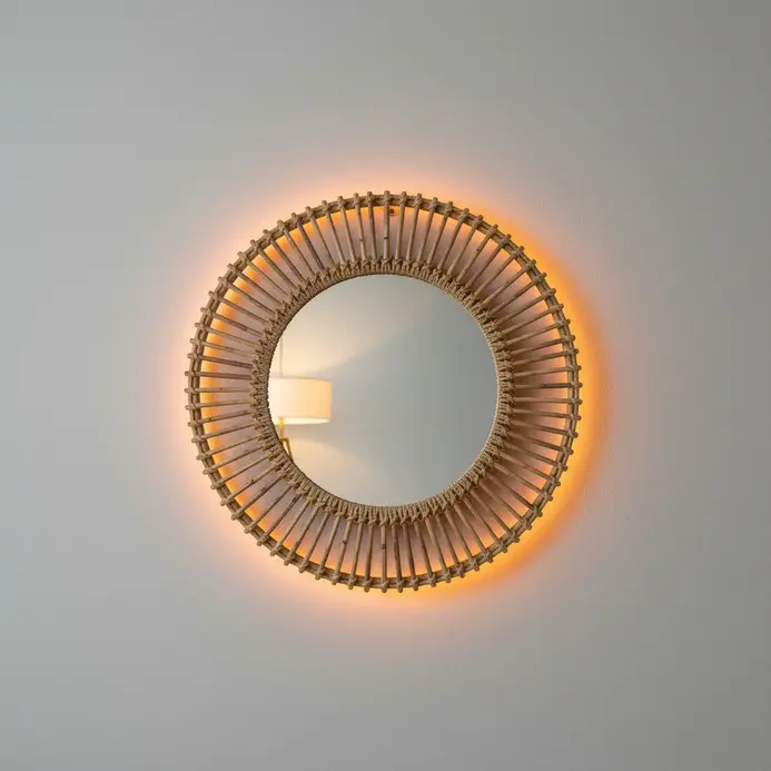 A circular wall mirror framed by bamboo strips woven around its edge.