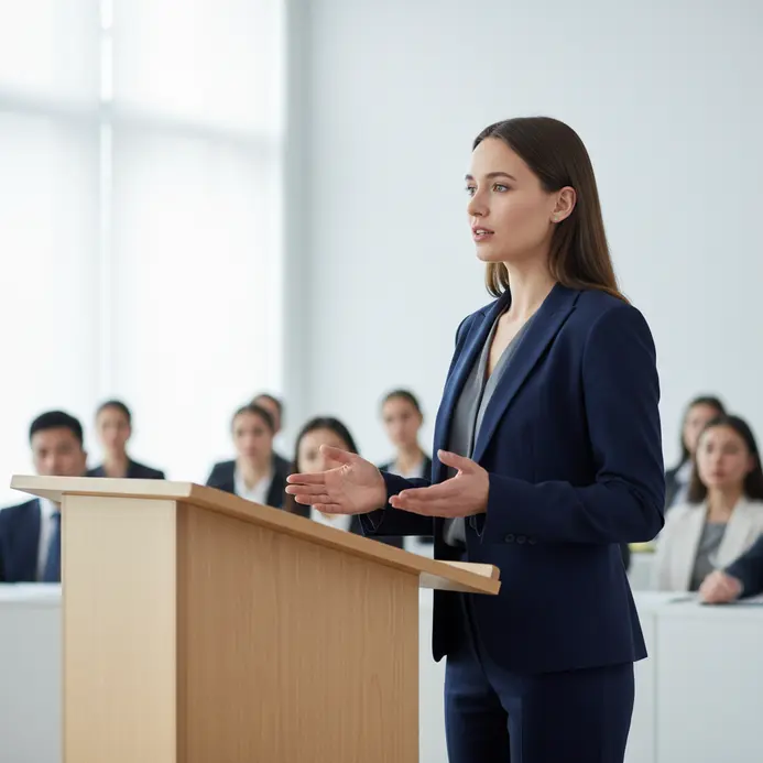 A speaker in a business suit stands at a podium in a boardroom, gesturing confidently toward seated colleagues.