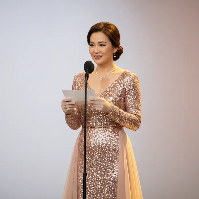 An emcee reads from a card at a microphone while a large award trophy sits on a stage table.