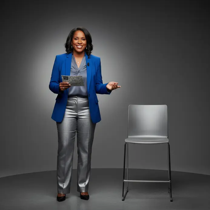 A host points toward a seated guest onstage while holding an open notecard with the speaker's bio.