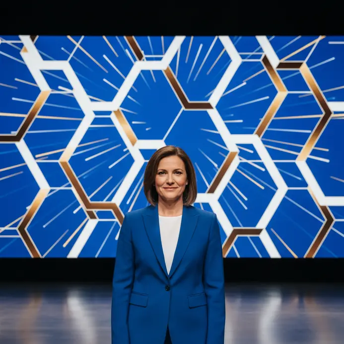 A speaker on a large stage looks out at a packed auditorium with a big screen behind them.