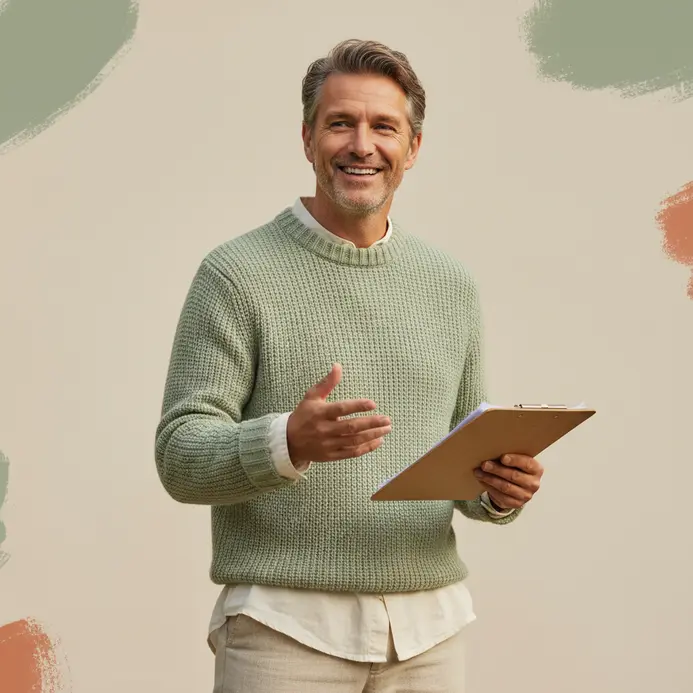 A smiling person holds a clipboard while addressing a casual crowd at a local park event.