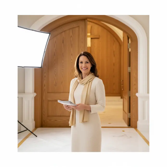 A greeter stands inside a church entrance, smiling and handing out programs to arriving families.