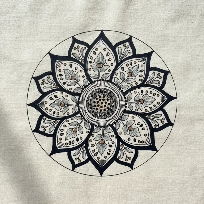 A single lotus flower motif with detailed petals and a central seed pod, outlined in black ink on fabric.
