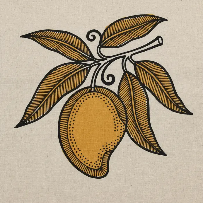 A short branch with a stylized mango fruit and a couple of characteristic elongated leaves.
