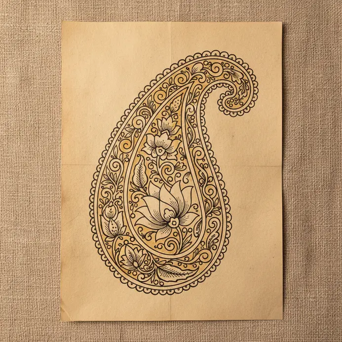 A detailed teardrop-shaped paisley design with intricate interior patterns, outlined with a fine-tipped pen.