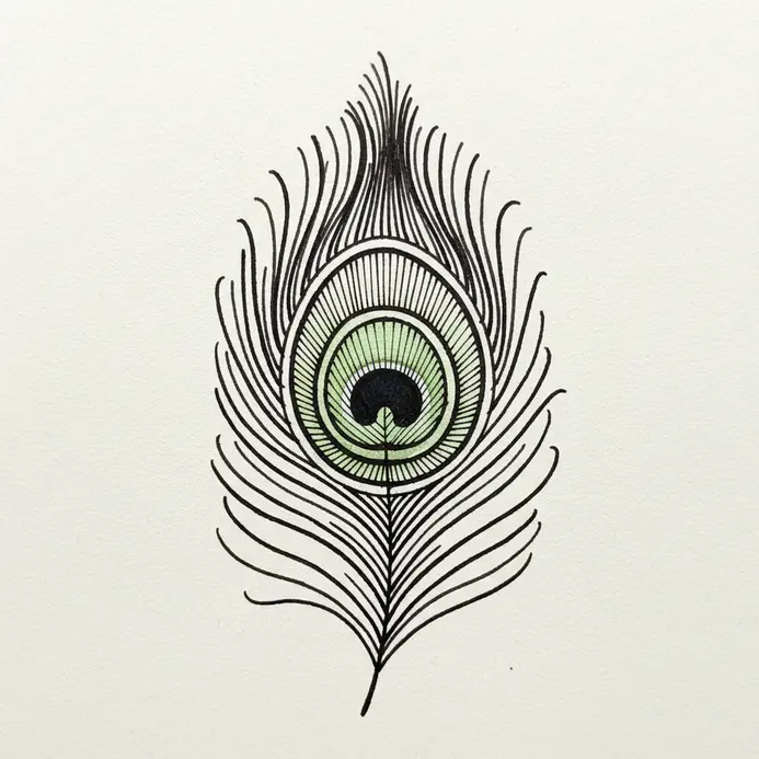 A stylized peacock feather eye with concentric circles and radiating filaments, created with precise line work.