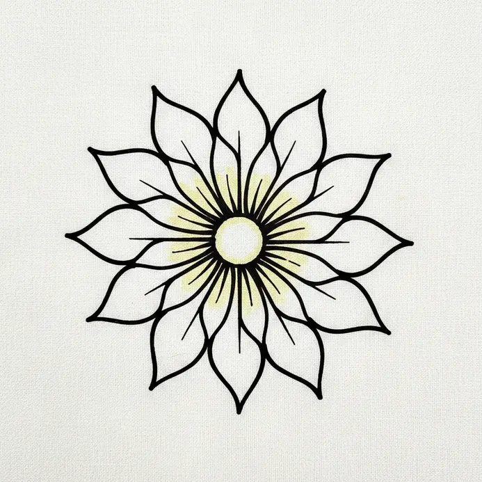 A circular floral motif with petals radiating outward from a central point, resembling a sunburst.