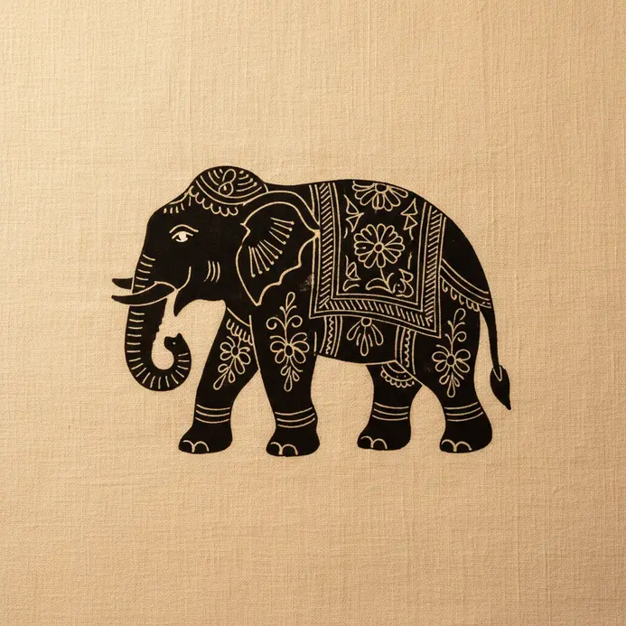 A simplified, elegant silhouette of an elephant in profile, decorated with minimal internal patterns.