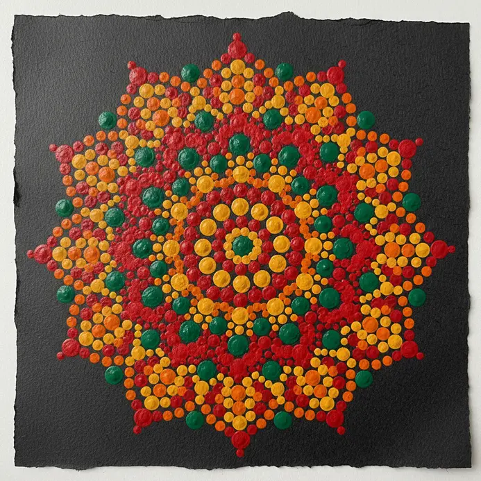 A colorful mandala with a dense, flower-like cluster of dots at its center.