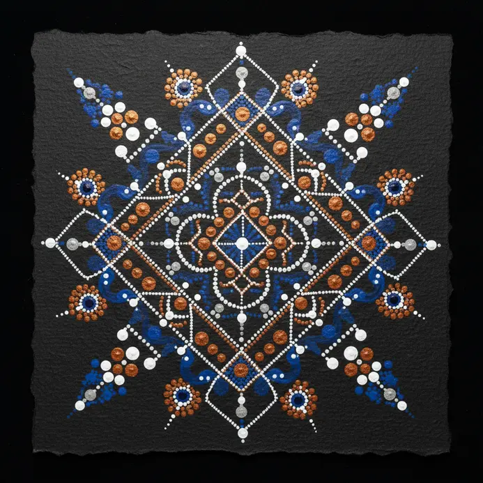 A geometric diamond shape frames the center of the mandala, its outline defined by a single row of dots.