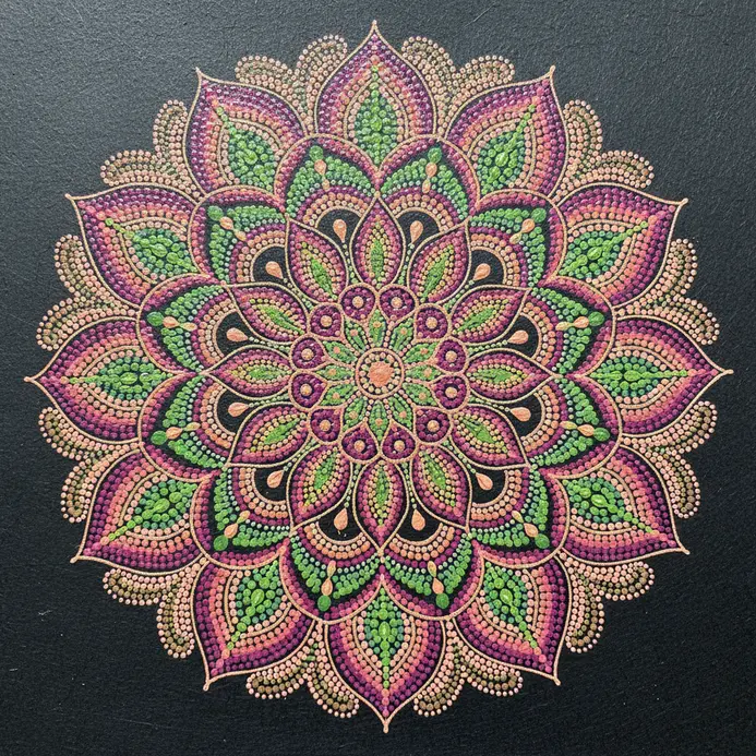 Individual petals within a mandala are completely filled with intricate patterns of minute dots.