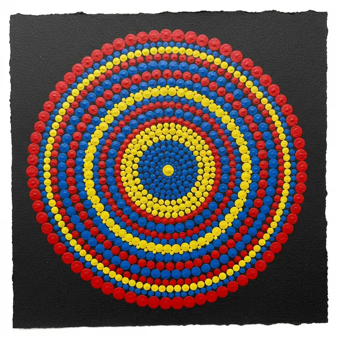 A high-contrast mandala constructed with dots in bold primary colors: red, blue, and yellow.