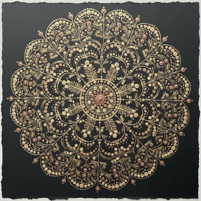 A delicate, swirling vine-like pattern on a mandala, created with a line of shimmering metallic dots.