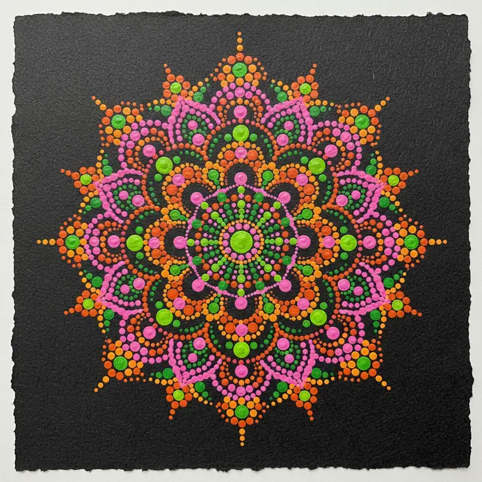 A dark background mandala illuminated by vibrant neon pink, green, and orange dots.
