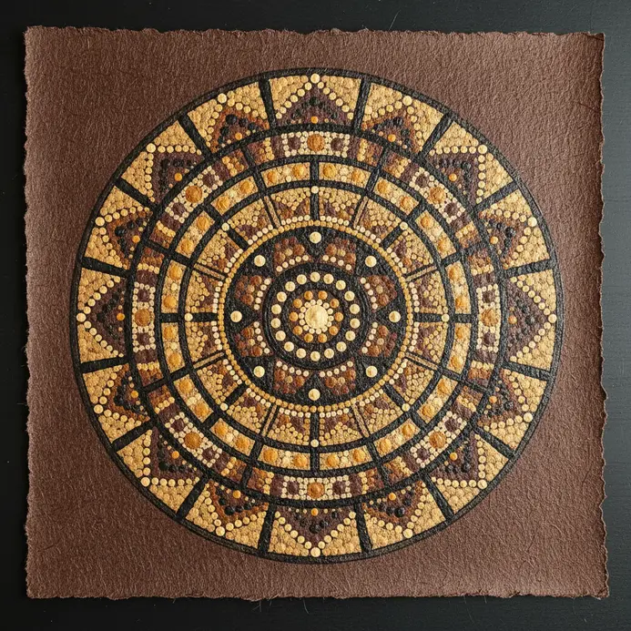 A mandala with geometric, tribal-inspired patterns using dots in earthy shades of ochre, brown, and black.