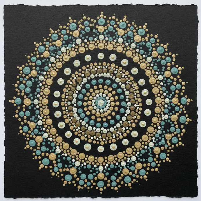 The outer border of a mandala features groups of dots spaced apart, creating a light, floating cluster effect.