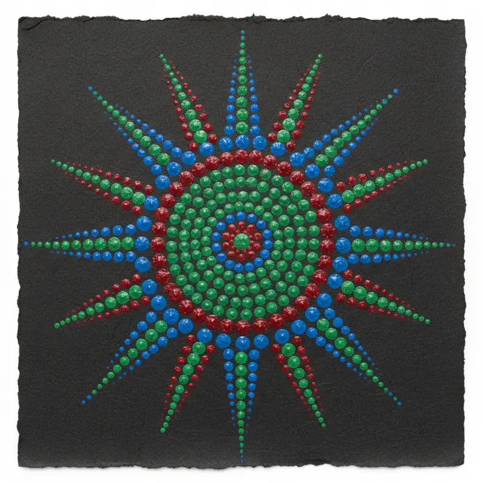 A mandala with straight lines of emerald, sapphire, and ruby colored dots radiating from the center.