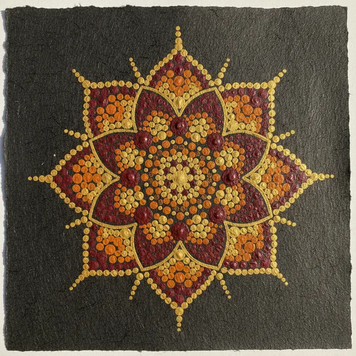 A symmetrical lotus flower motif created entirely with shimmering gold dots on a mandala.