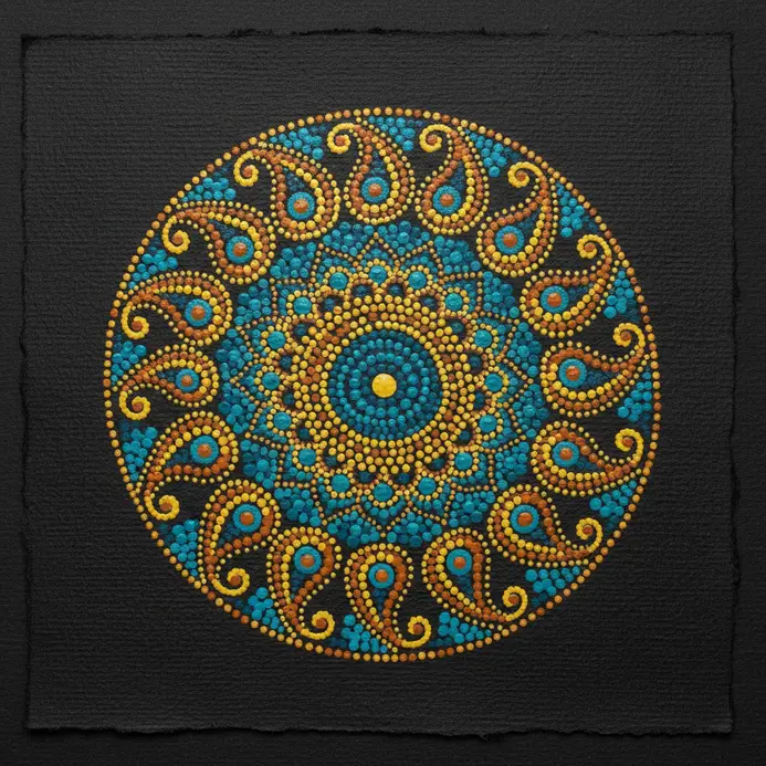 The outer border of a mandala features an array of dots forming traditional paisley shapes.