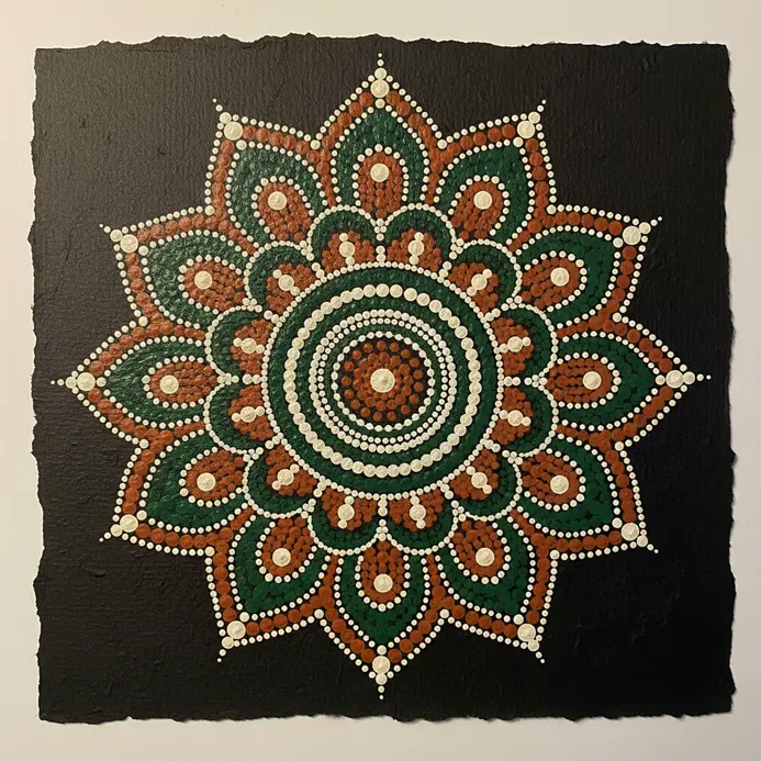 Decorative archways within a mandala, constructed from vertical stacks of evenly spaced dots.