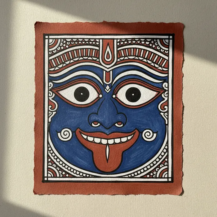 A traditional Pattachitra style painting of Lord Jagannath's face with large round eyes and a simplified nose.