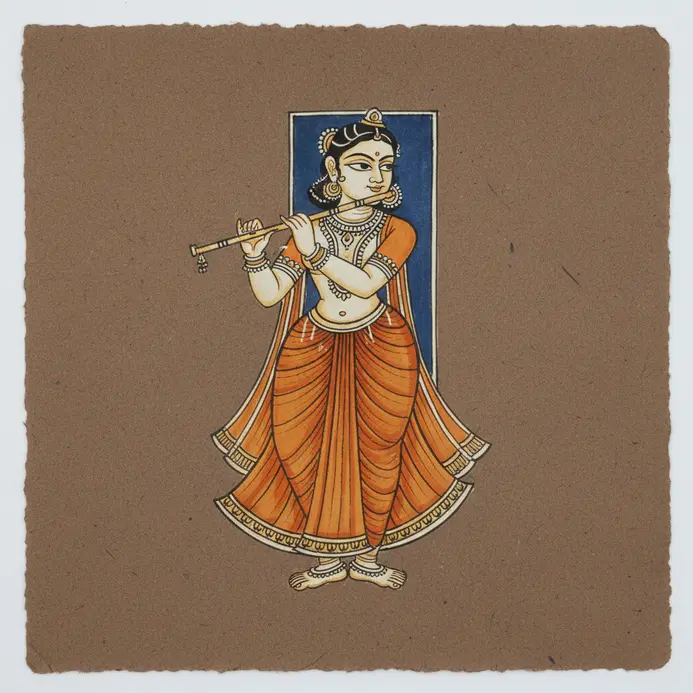 A stylized drawing of a standing figure playing a flute, with simplified clothing and posture.
