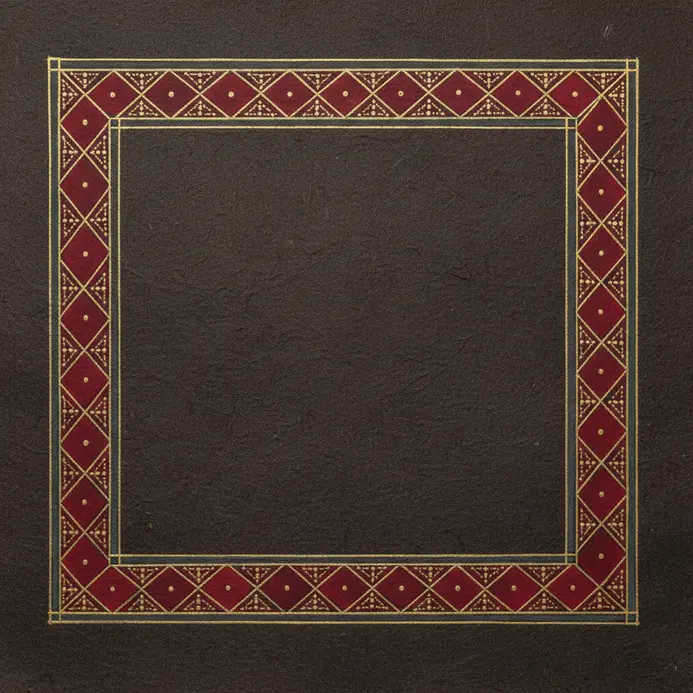 A precise border made of interlocking diamond shapes, filled with small dots and lines.