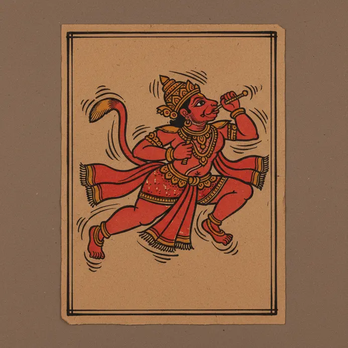 An ink drawing of Lord Hanuman soaring through the air, with a flowing cape and mace.
