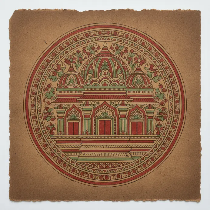 A round composition featuring a stylized temple tower with symmetrical decorations and a doorway.