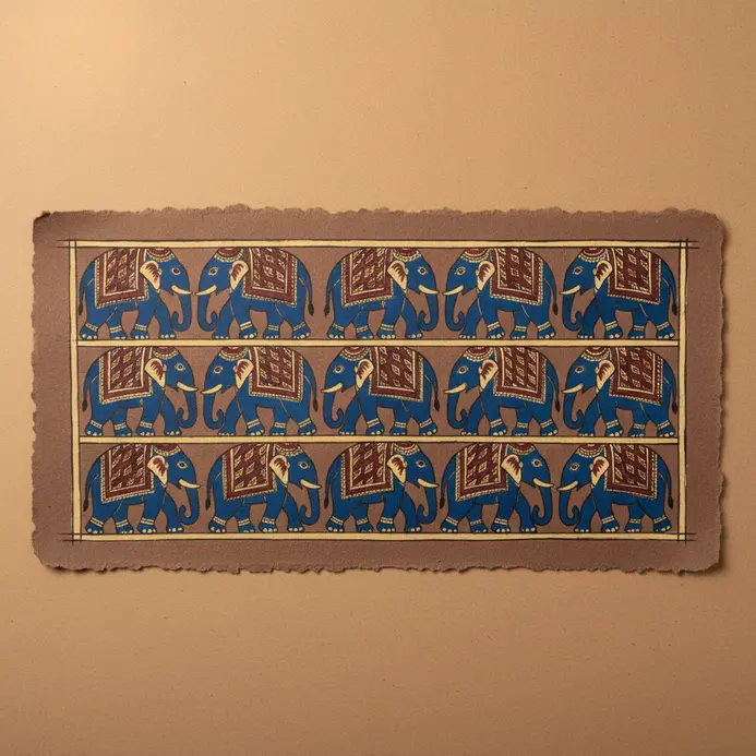 A horizontal frieze of elephants adorned with patterns, marching in a procession.