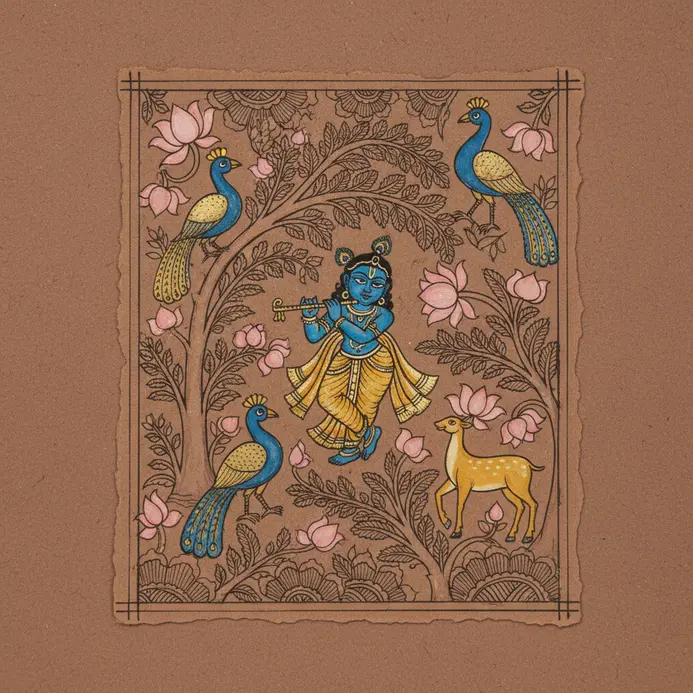 A compact drawing of Lord Krishna standing under a tree, playing a flute with cows nearby.
