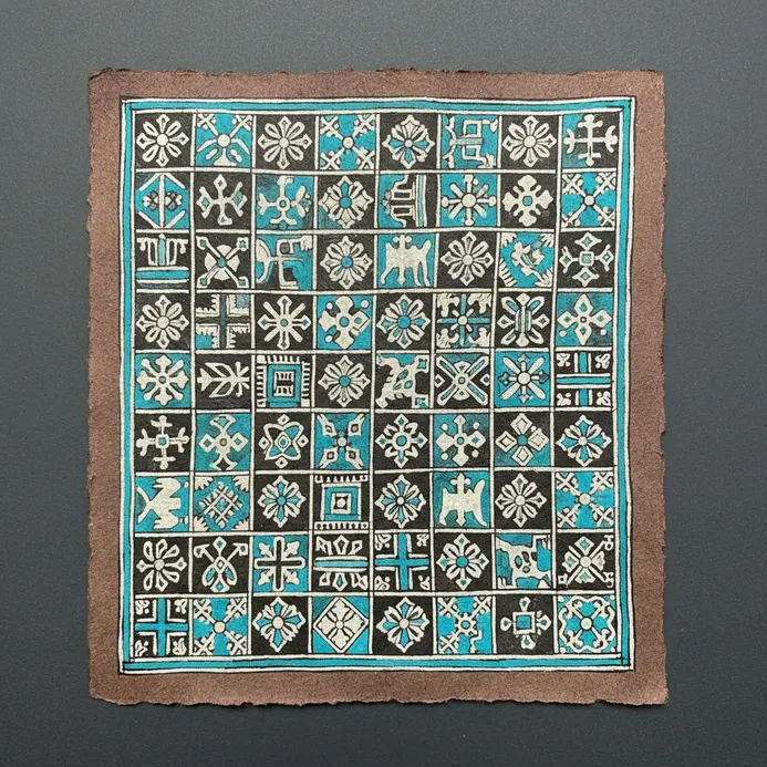 A checkered grid pattern where each square contains a different tiny geometric or floral symbol.